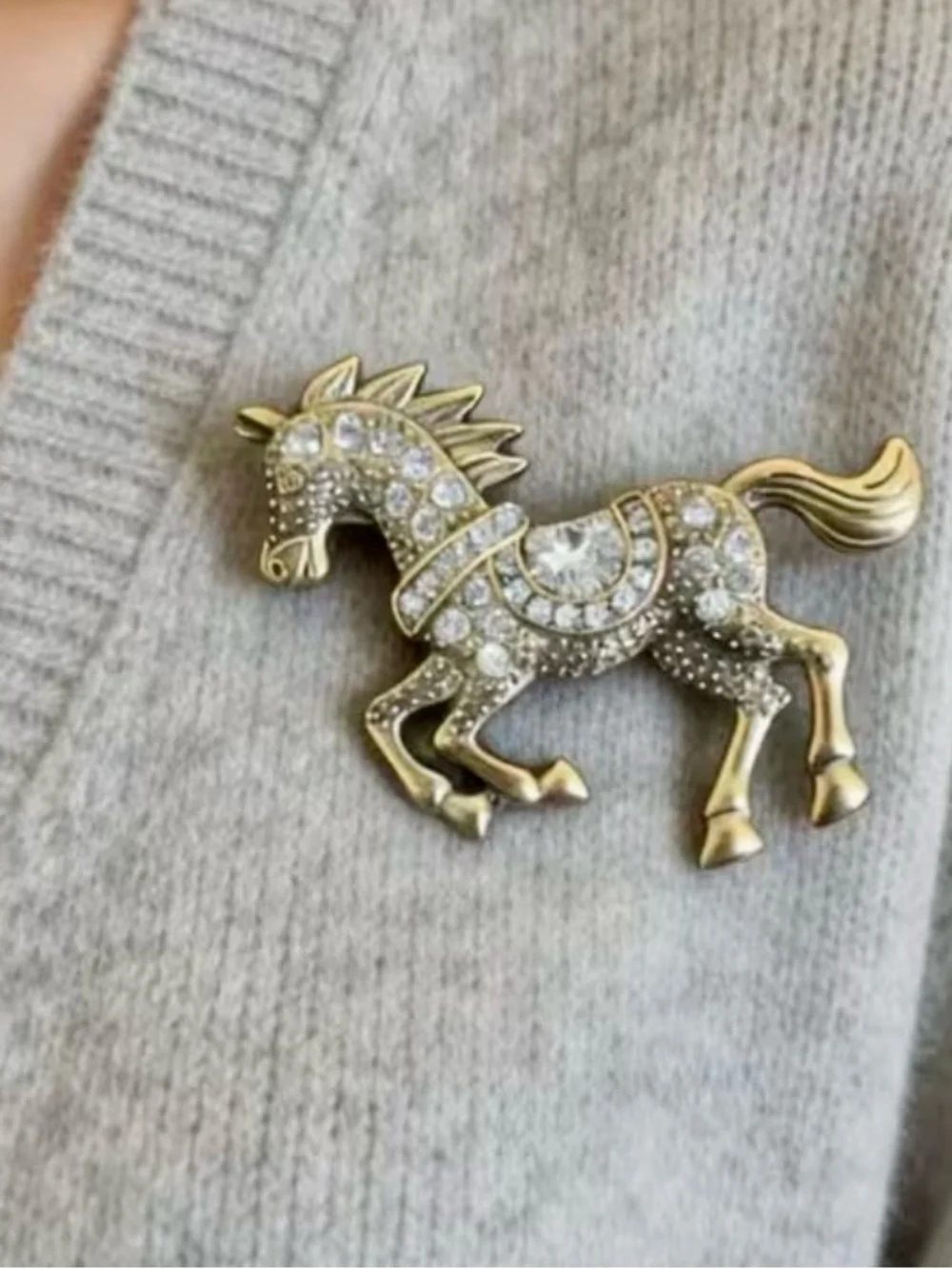 Vintage-Style Gold Tone Rhinestone Horse/Equestrian Brooch
